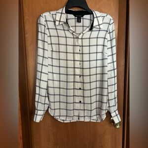 White House Black Market White Button-Down with Black Windowpane Plaid Size 4
